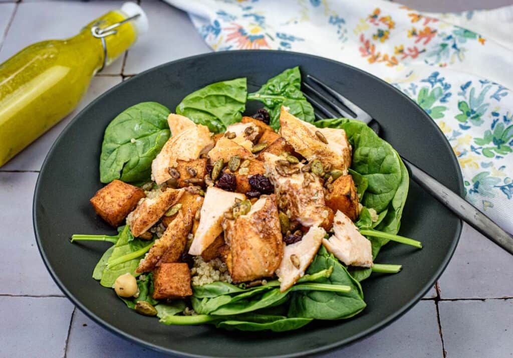 Salmon bowl on a plate.