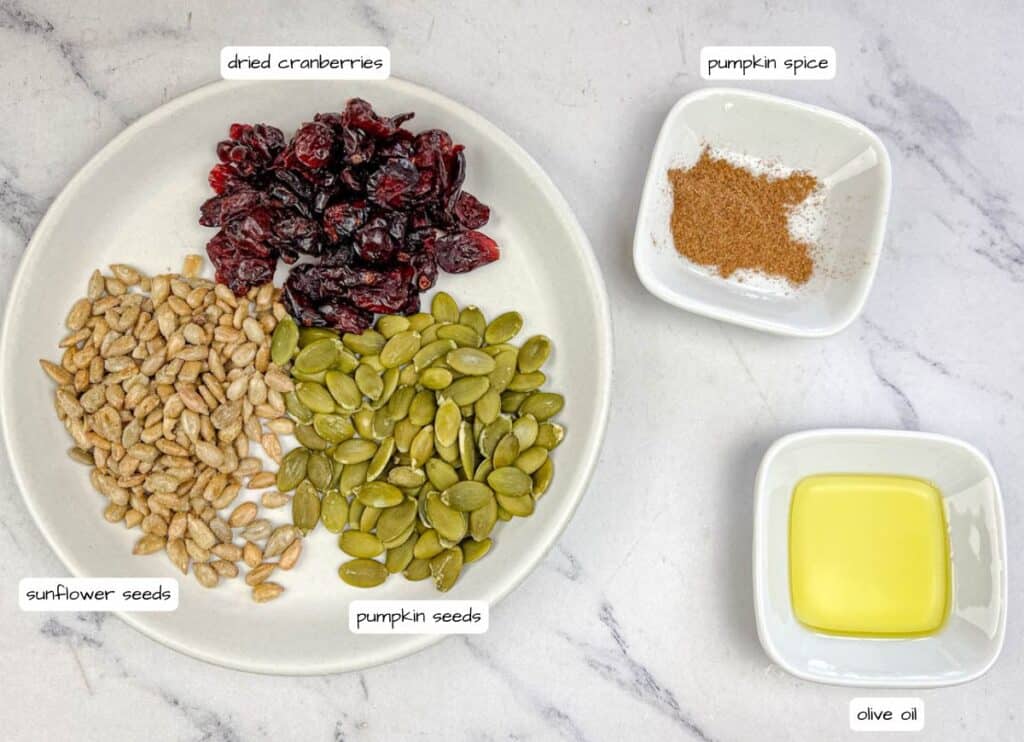 A plate contains dried cranberries, sunflower seeds, and pumpkin seeds. Nearby, small bowls hold pumpkin spice and olive oil. The items are labeled accordingly in the image.