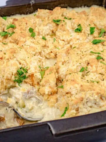 A casserole dish of Chicken Cobbler with Red Lobster Biscuit.