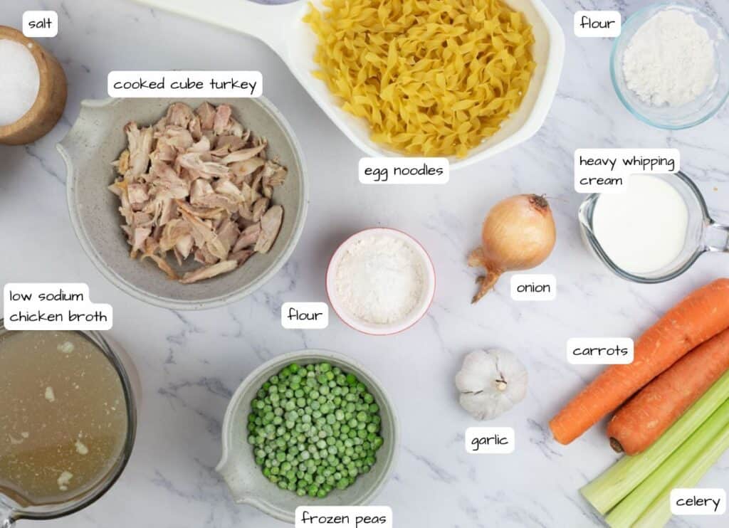 Creamy Turkey Noodle Soup ingredients with labels.