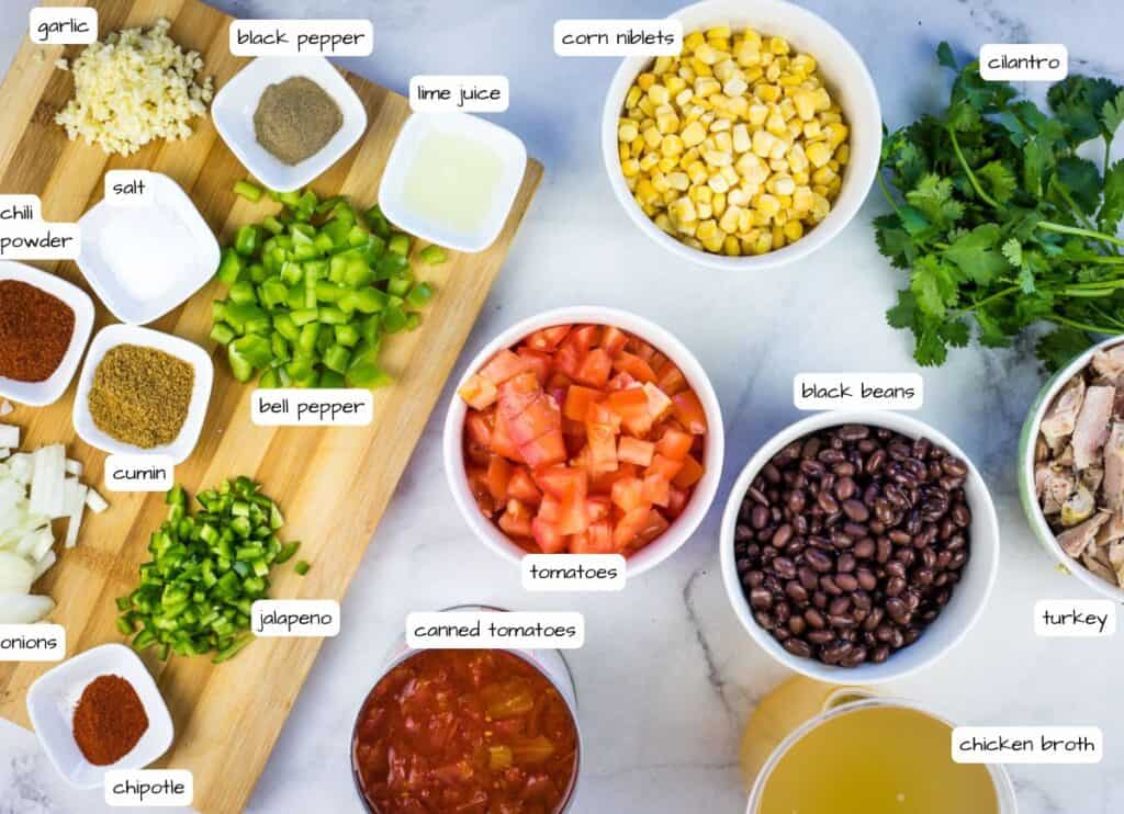 Turkey Tortilla Soup ingredients with labels.