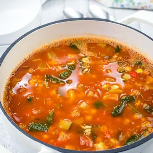 Copycat Panera Bread&rsquo;s 10 Vegetable Soup Recipe on a casserole dish.