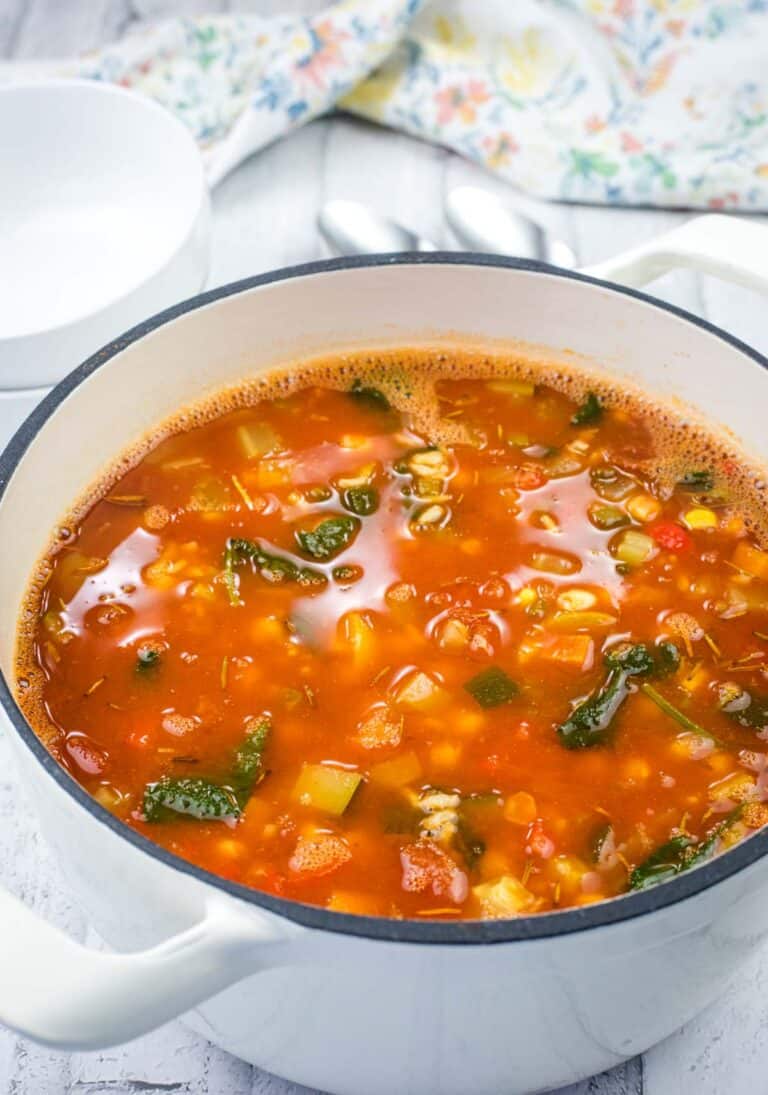 Copycat Panera Bread’s 10 Vegetable Soup Recipe on a casserole dish.