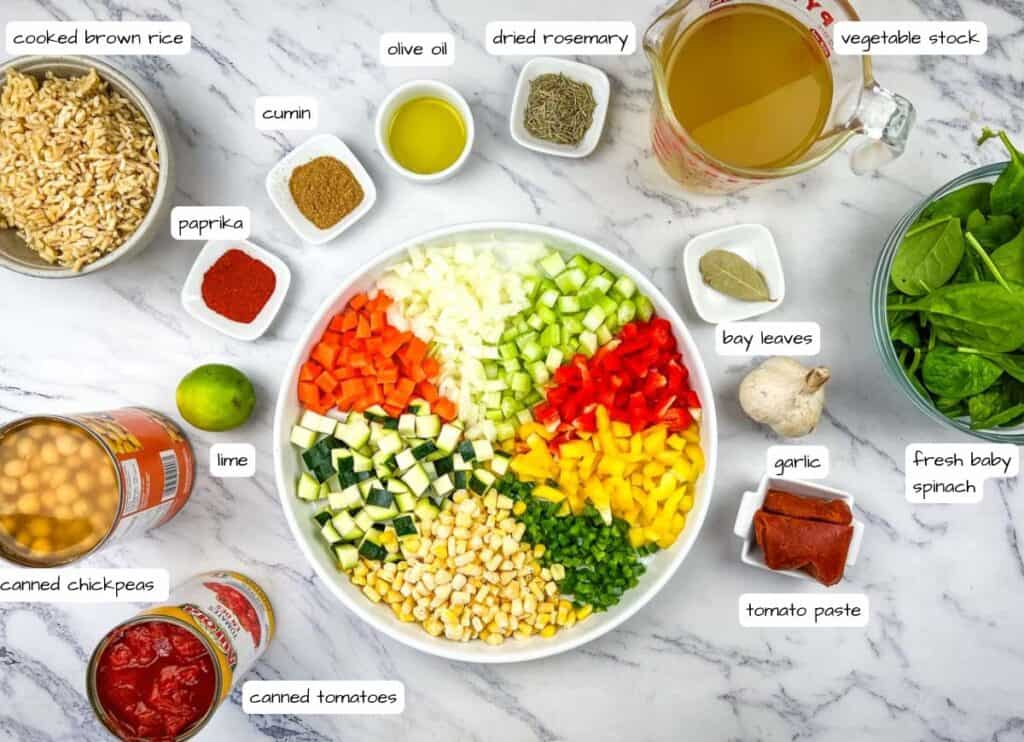 Copycat Panera Bread&rsquo;s 10 Vegetable Soup Recipe ingredients with labels.