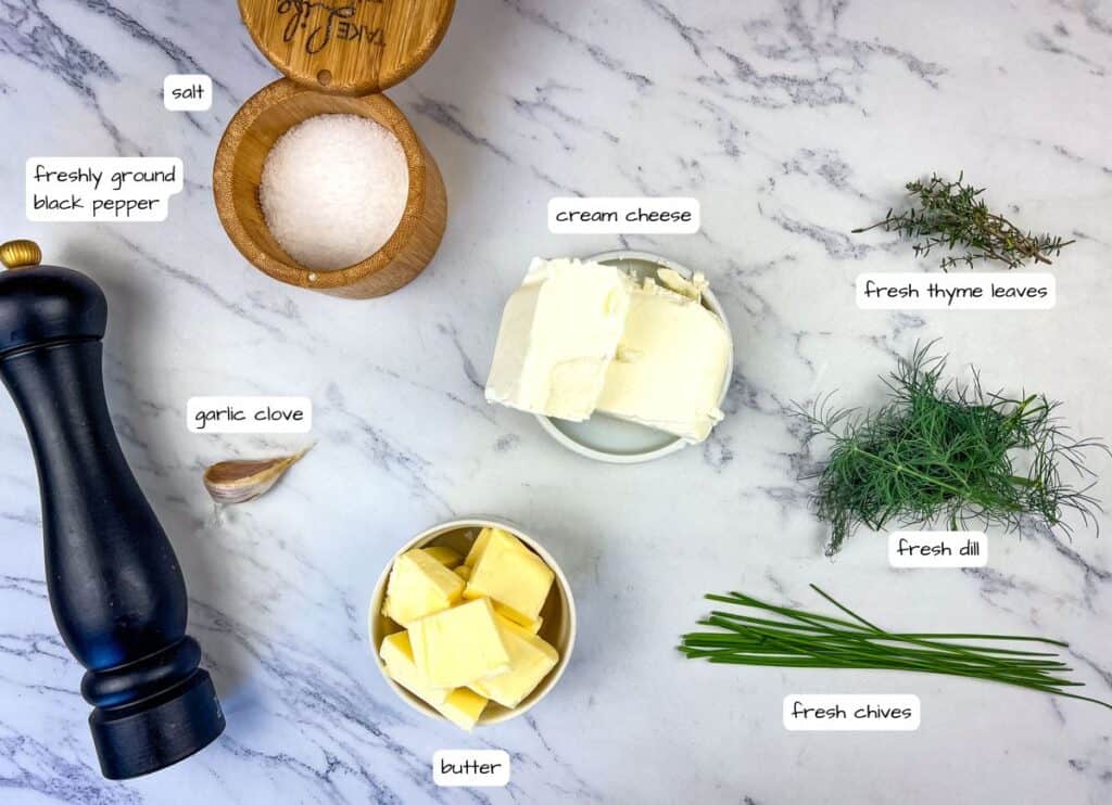 DIY Boursin Cheese ingredients with labels.