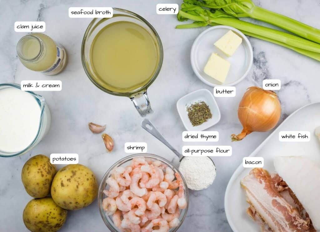 Ingredients for fully-loaded seafood chowder.