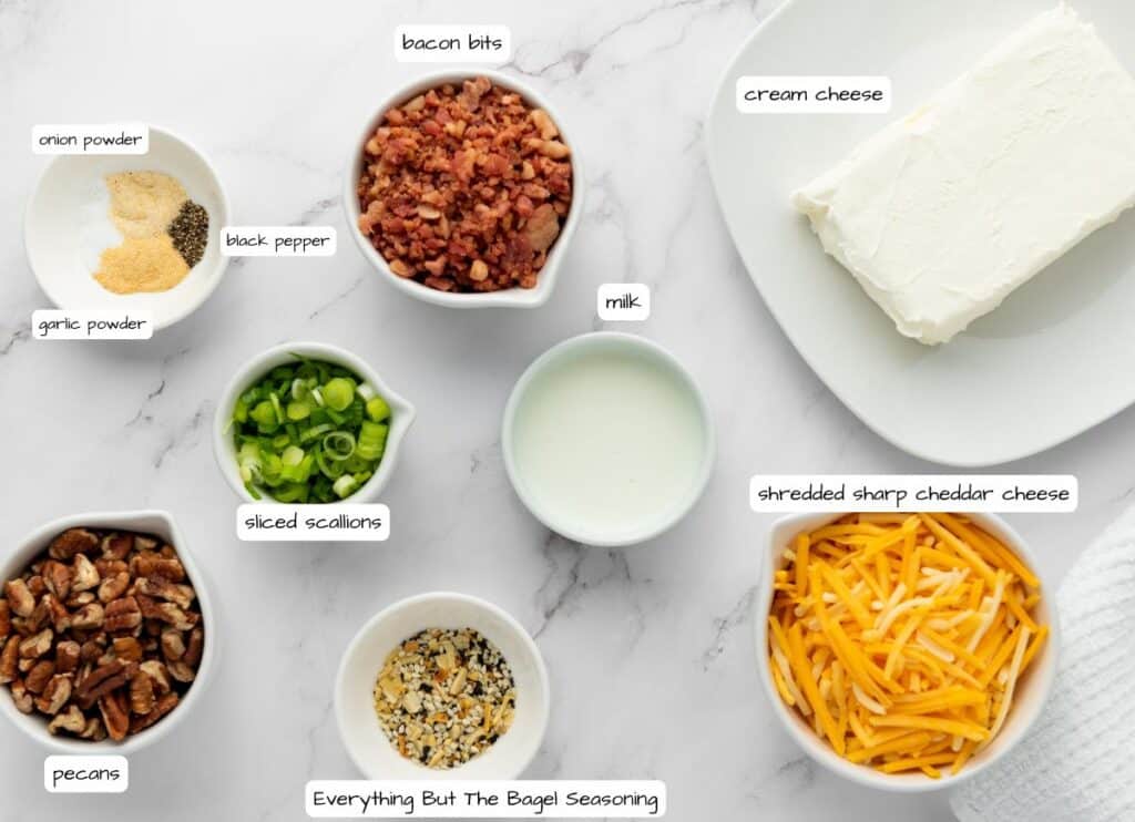 Pecan Bacon Cheeseball ingredients with labels.