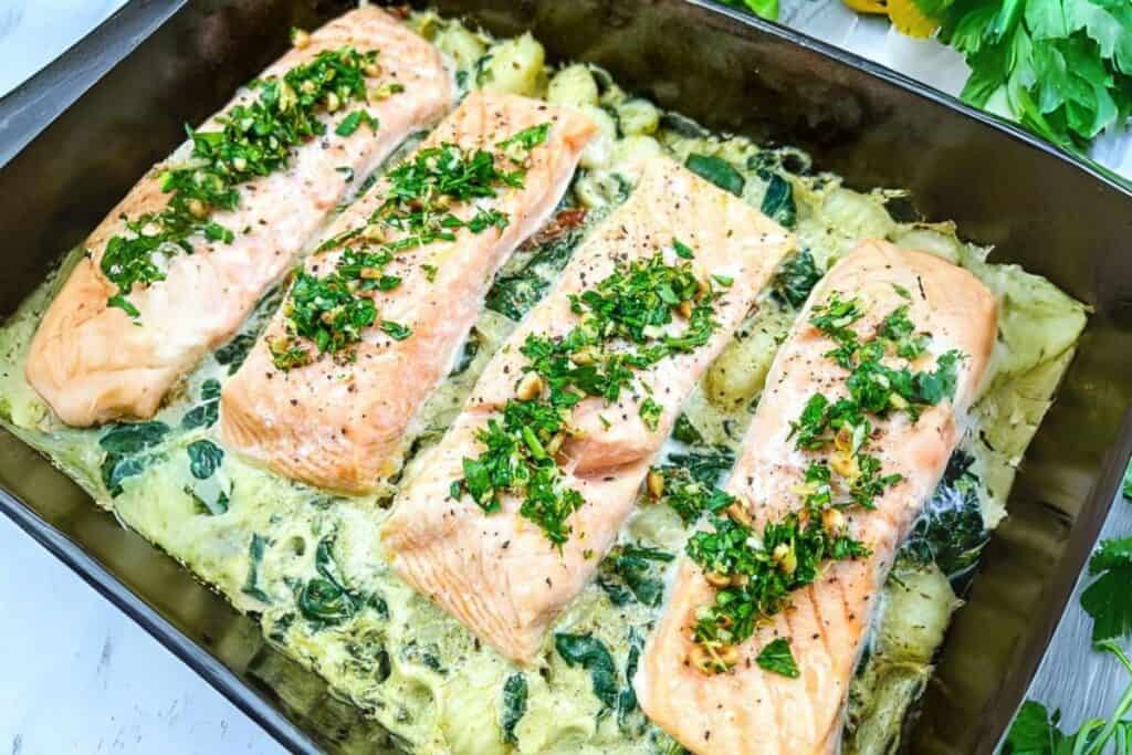 Salmon Gnocchi Bake with Gremolata on a dish.