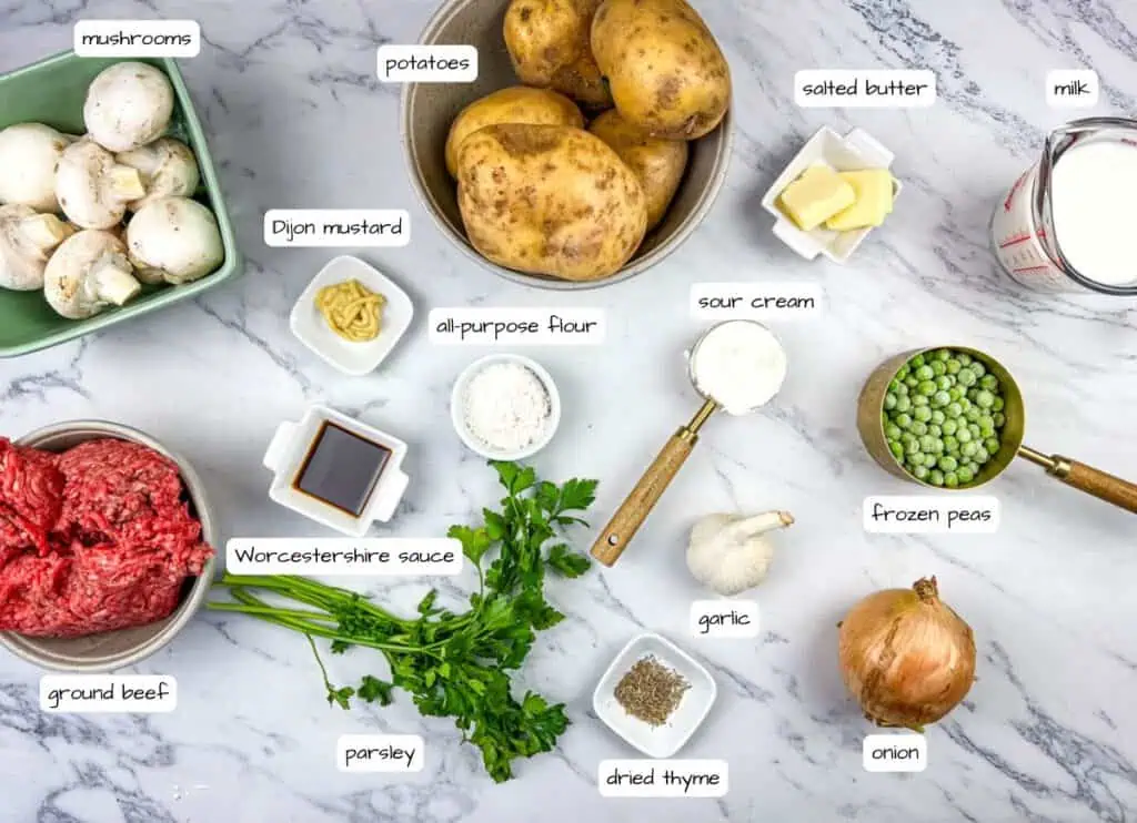 Skillet Stroganoff Pie ingredients with labels.