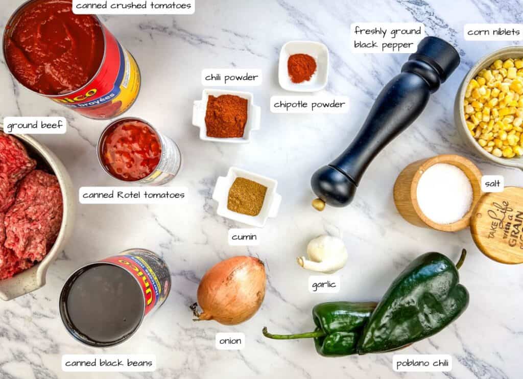 Slow Cooker Southwestern Chili ingredients with labels.