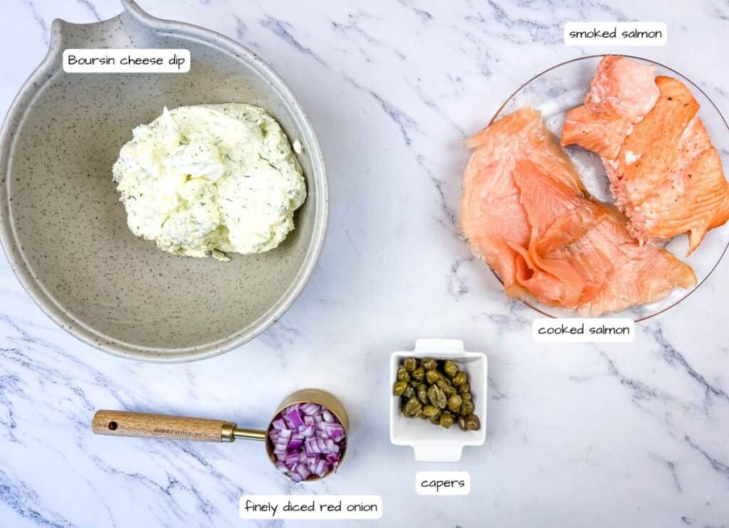 Smoked Salmon Tartine ingredients with labels.