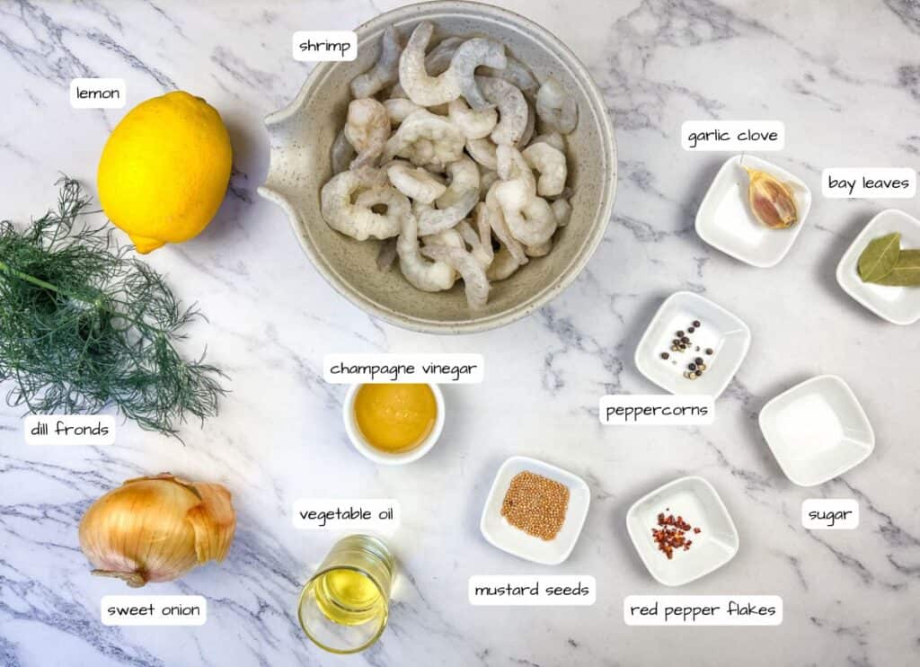 Southern Style Pickled Shrimp ingredients with labels.