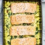 Salmon Gnocchi Bake with Gremolata on a casserole dish.