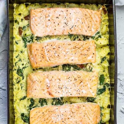 Salmon Gnocchi Bake with Gremolata on a casserole dish.