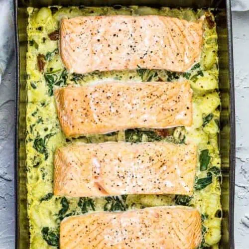 Salmon Gnocchi Bake with Gremolata on a casserole dish.