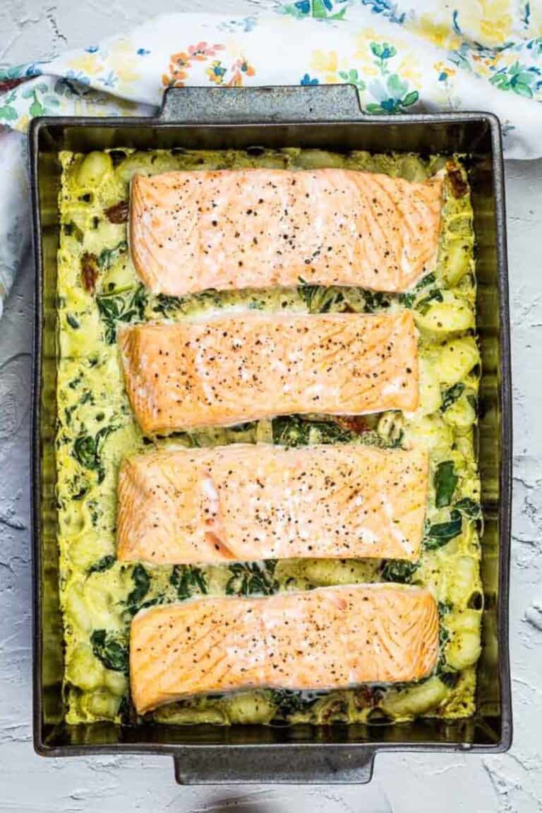 Salmon Gnocchi Bake with Gremolata on a casserole dish.