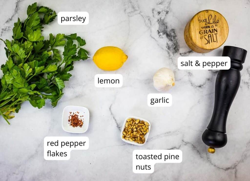 Gremolata ingredients with labels.