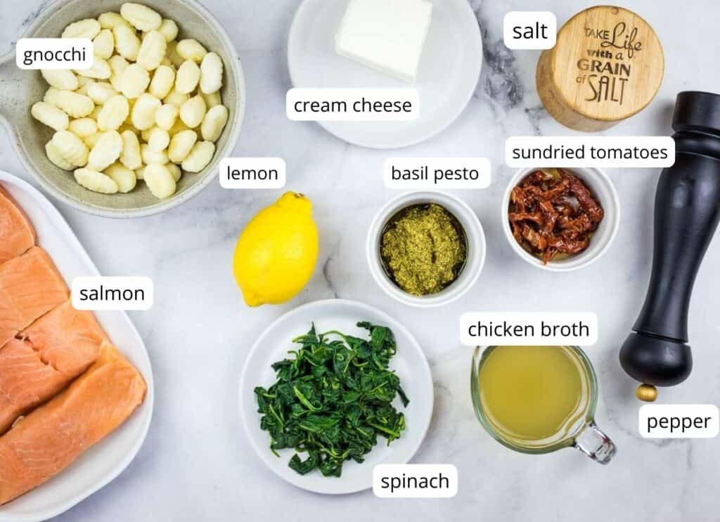 Salmon Gnocchi Bake ingredients with labels.