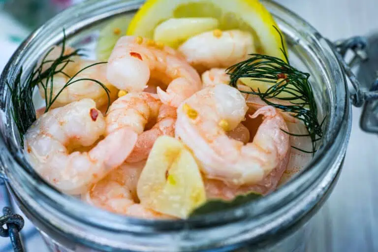 Close-up Southern Style Pickled Shrimp with lemon slices and dill on a jar.