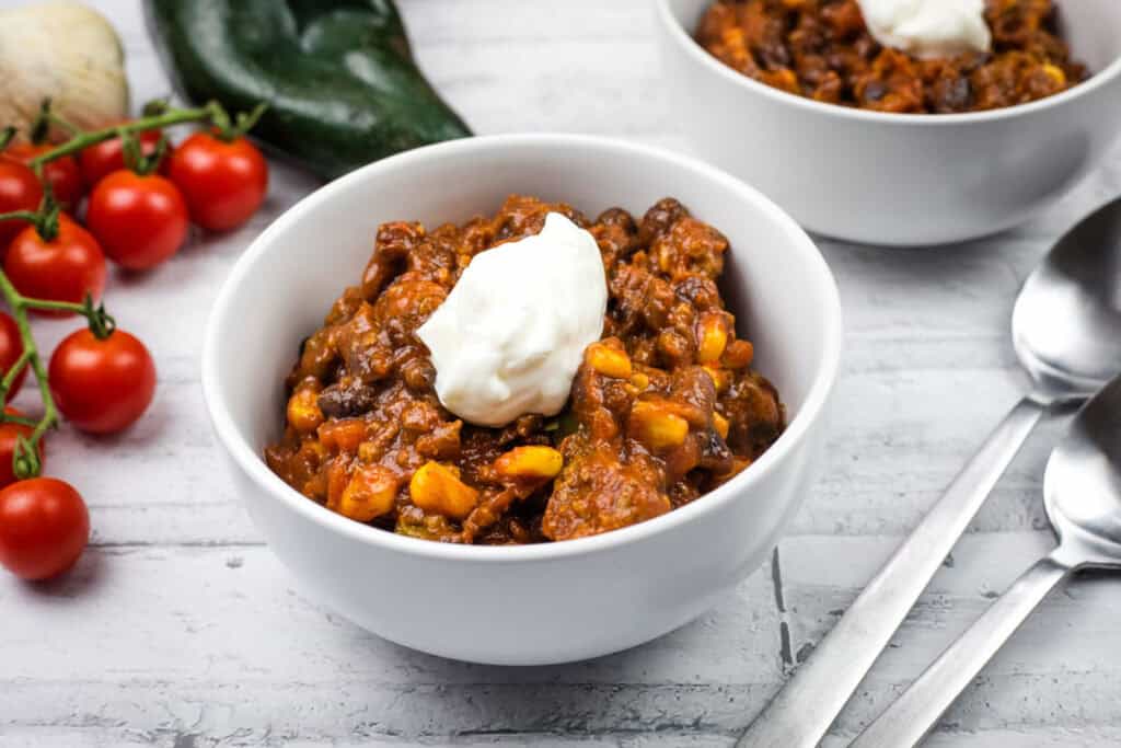 A bowl with a Slow Cooker Southwestern Chili.