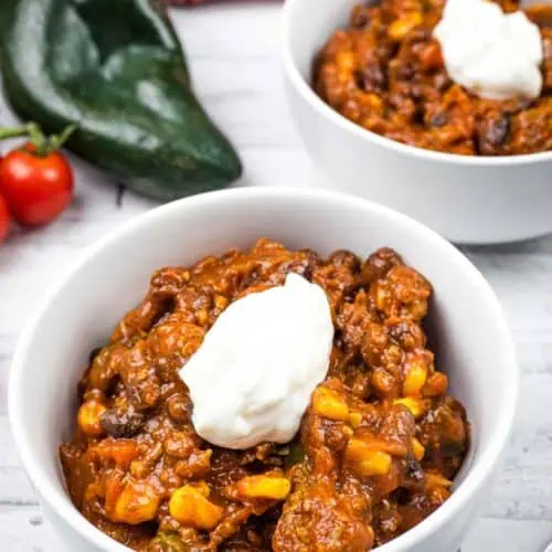 Two bowls of Slow Cooker Southwestern Chili.