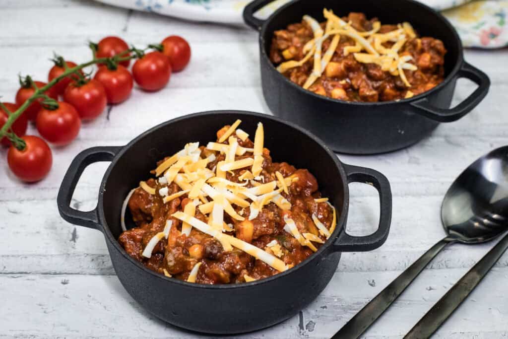Slow Cooker Southwestern Chili on a black skillet.