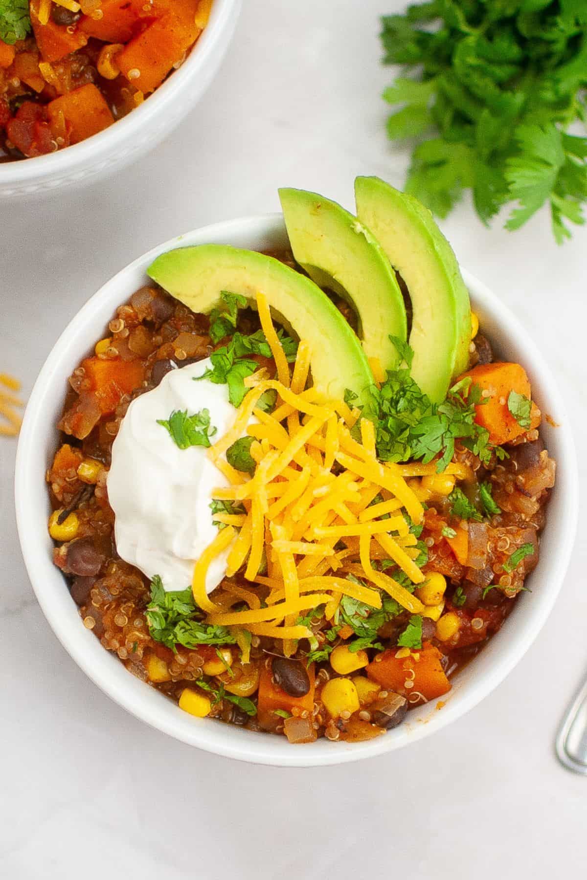 Sweet potato chili with quinoa served in a bowl.