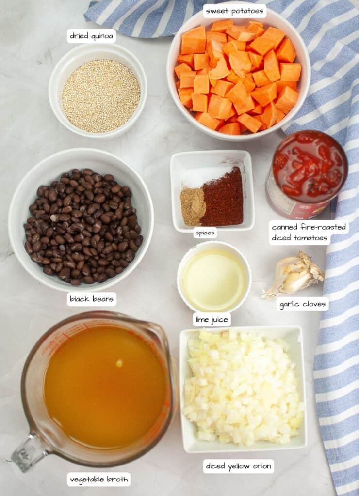 Sweet Potato Chili with Quinoa ingredients labeled.
