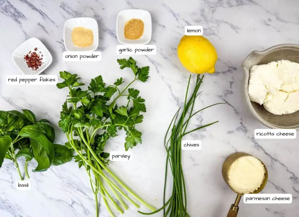 Ricotta meatball ingredients on the table with label.