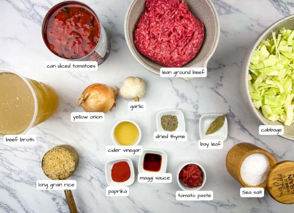 Cabbage roll soup ingredients with label.