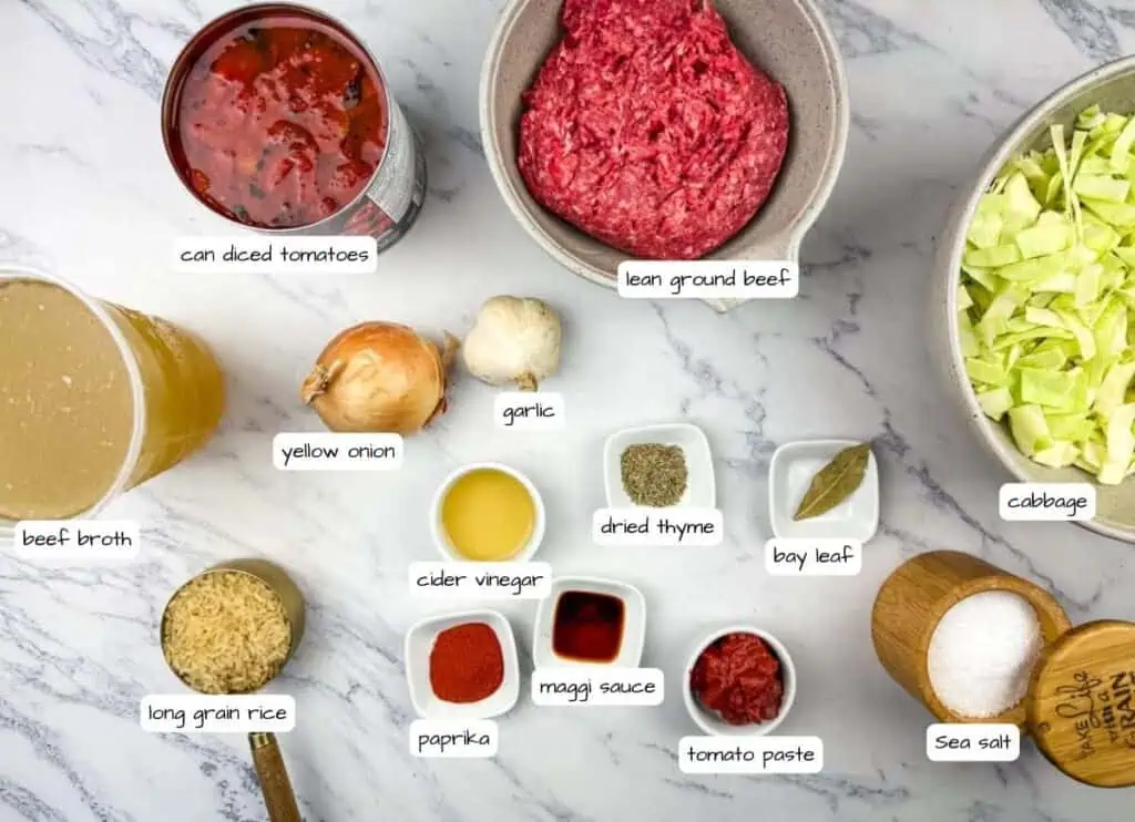 Cabbage roll soup ingredients with label.