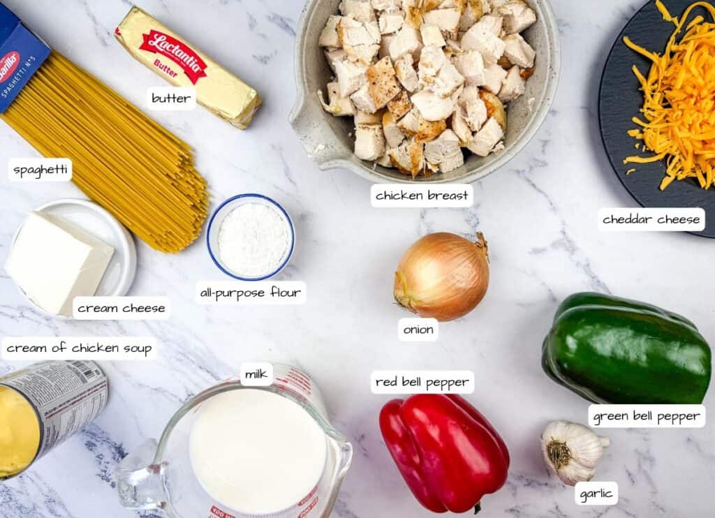Chicken spaghetti ingredients labeled.
