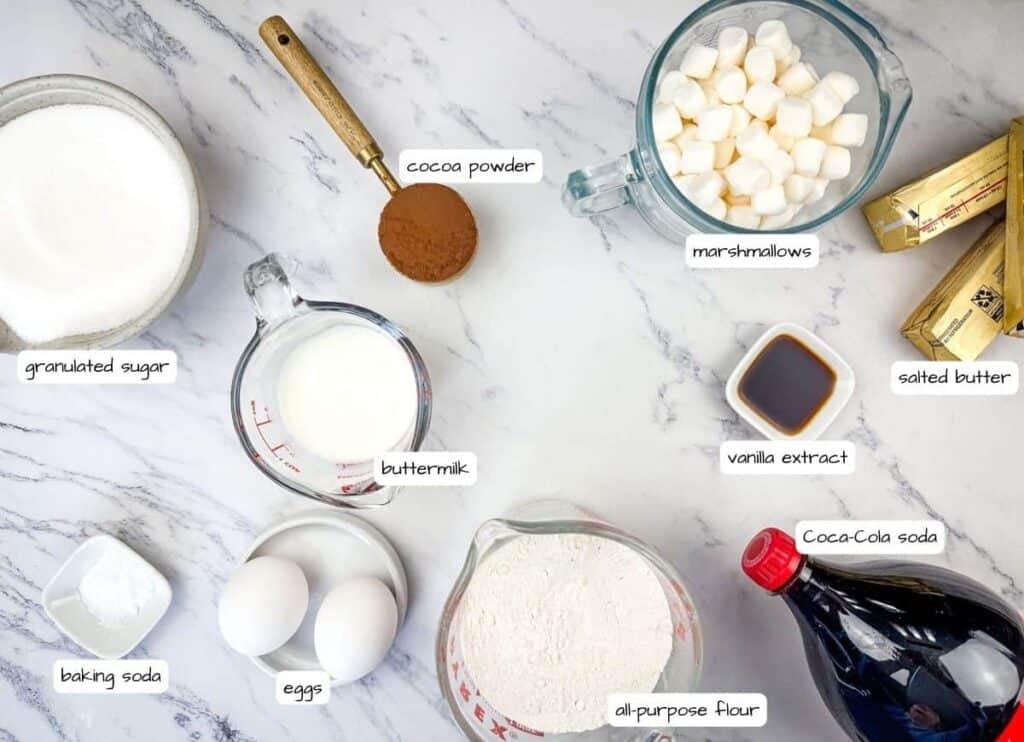 Coca-Cola Cake ingredients with labels.