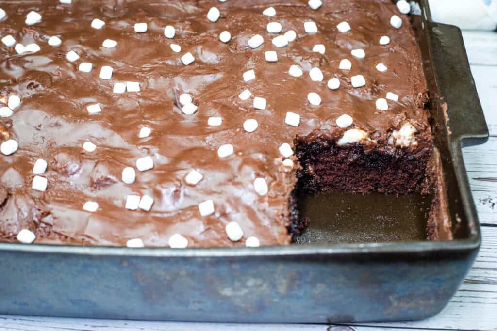 A pan of Coca-Cola Cake with one square missing.