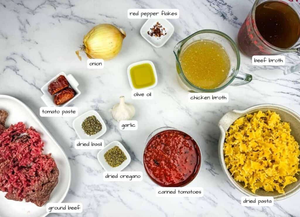 Lasagna Soup ingredients with labels.