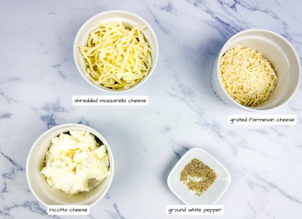 Cheese topping ingredients with labels.