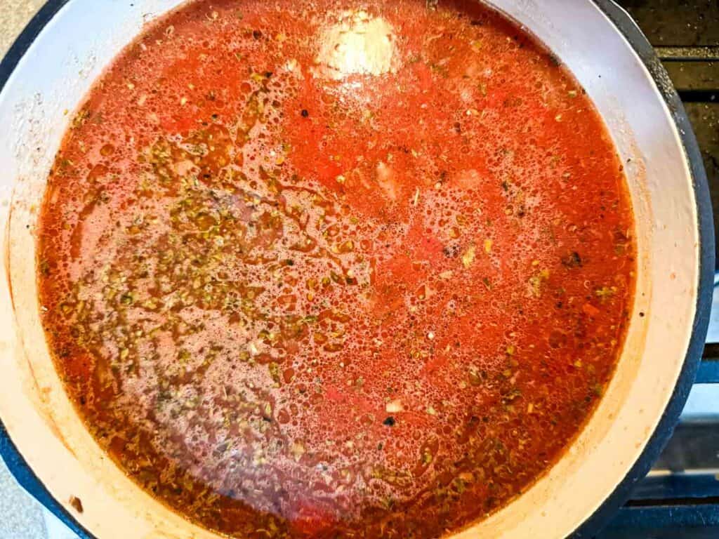 Beef broth, Chicken broth, and diced tomatoes and juices mixture.