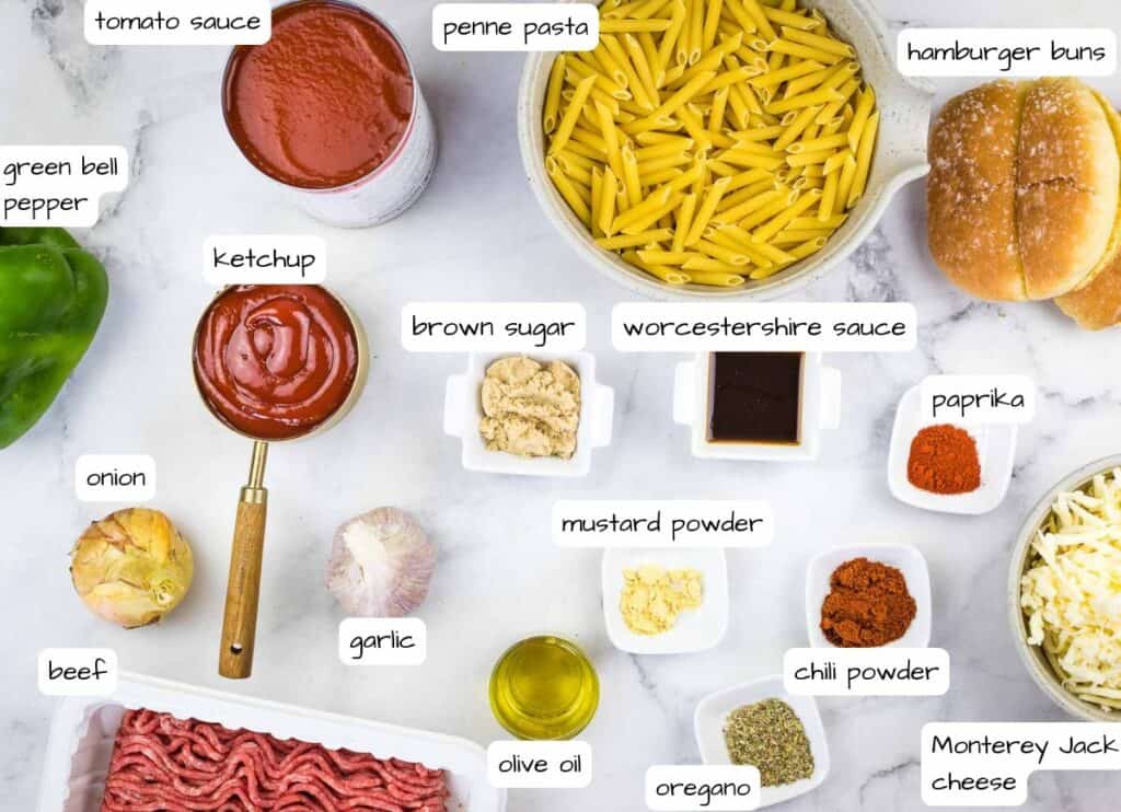 Sloppy Joe Casserole ingredients labeled.