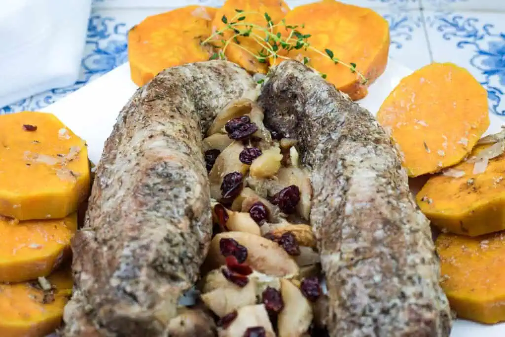 A serving of Slow Cooker Pork Tenderloin with Sweet Potatoes & Apples.