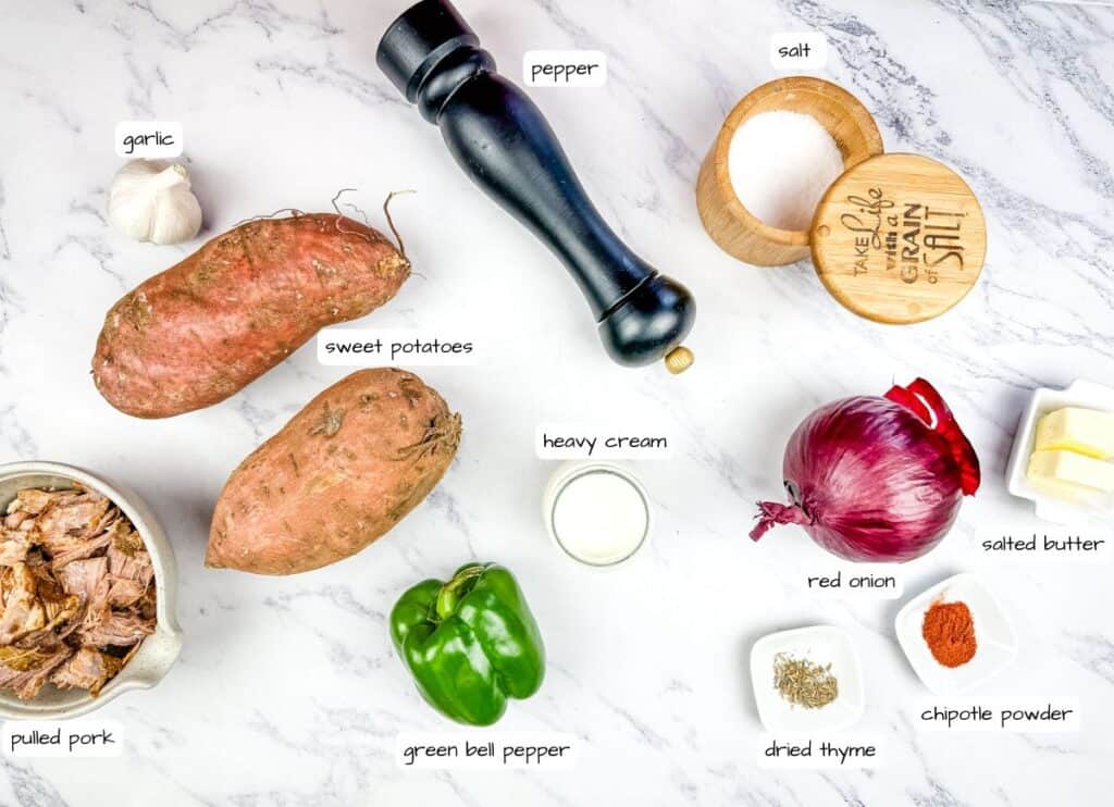 Sweet Potato Hash with Pulled Pork & Chipotle Butter ingredients with labels.