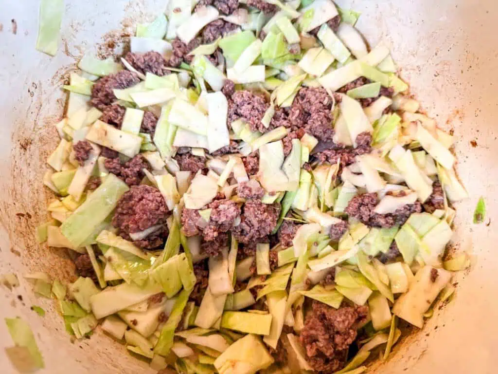A bowl of mixture of chopped cabbage and ground beef, ready for a delicious meal.