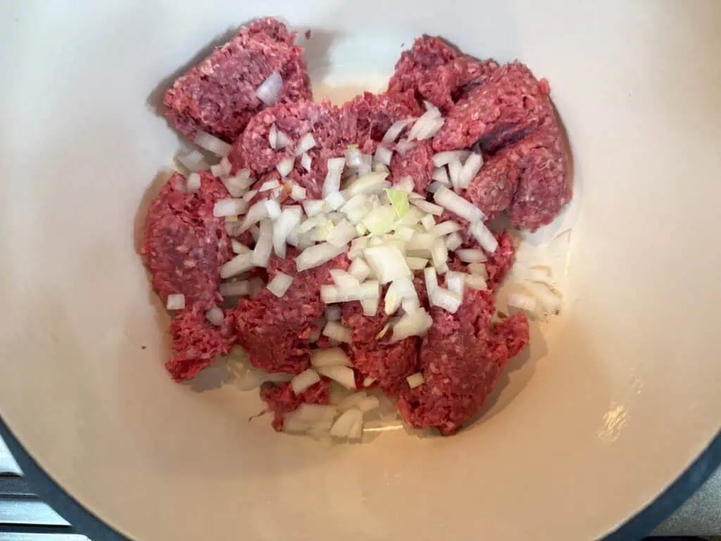 A bowl of ground beef mixed with chopped onions, ready for cooking.