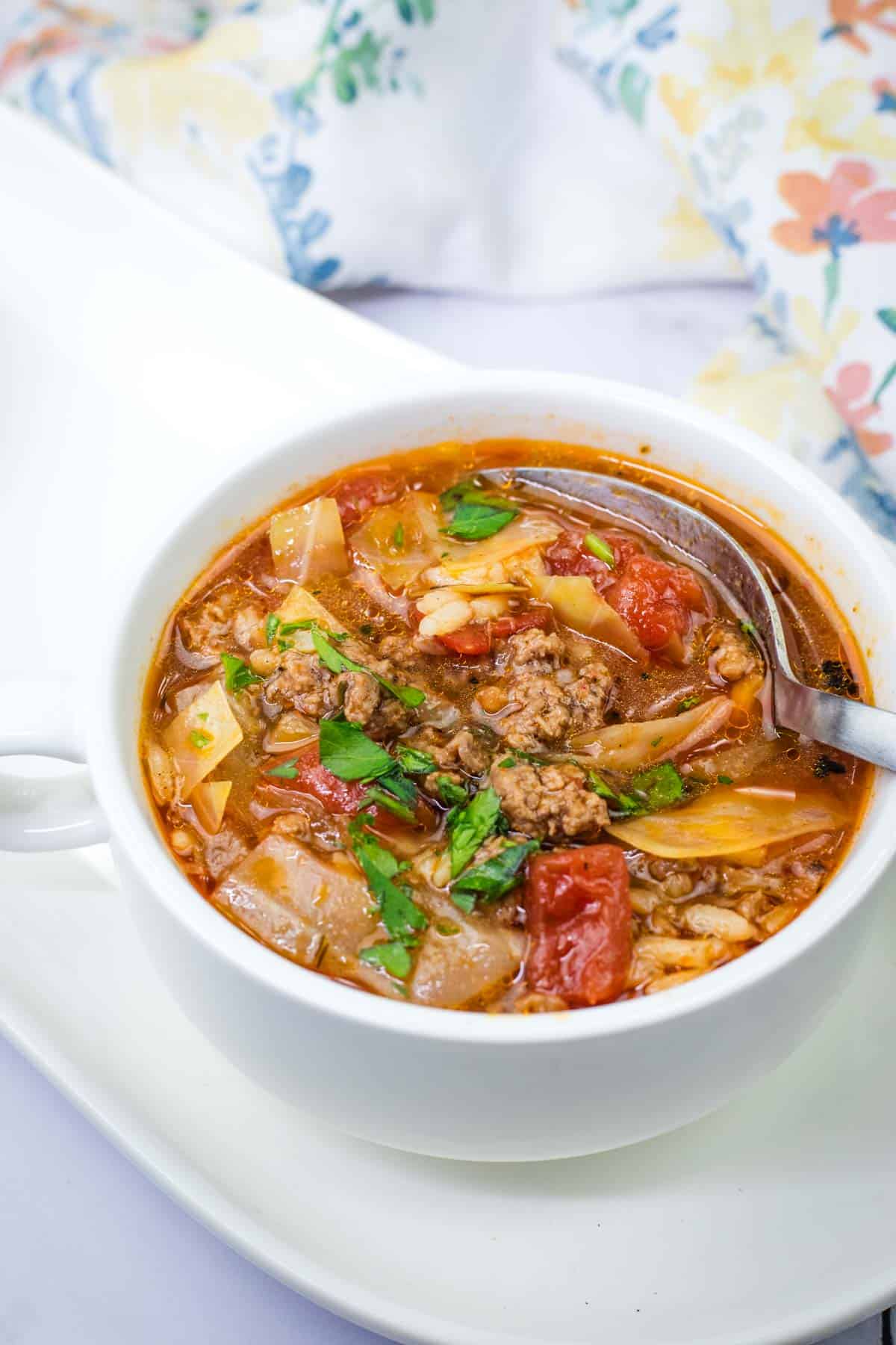 Cabbage roll soup in a bowl.