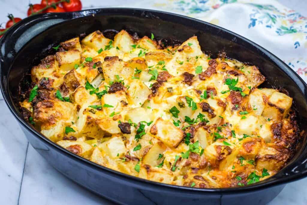 Mississippi Mud Potatoes on a casserole dish.