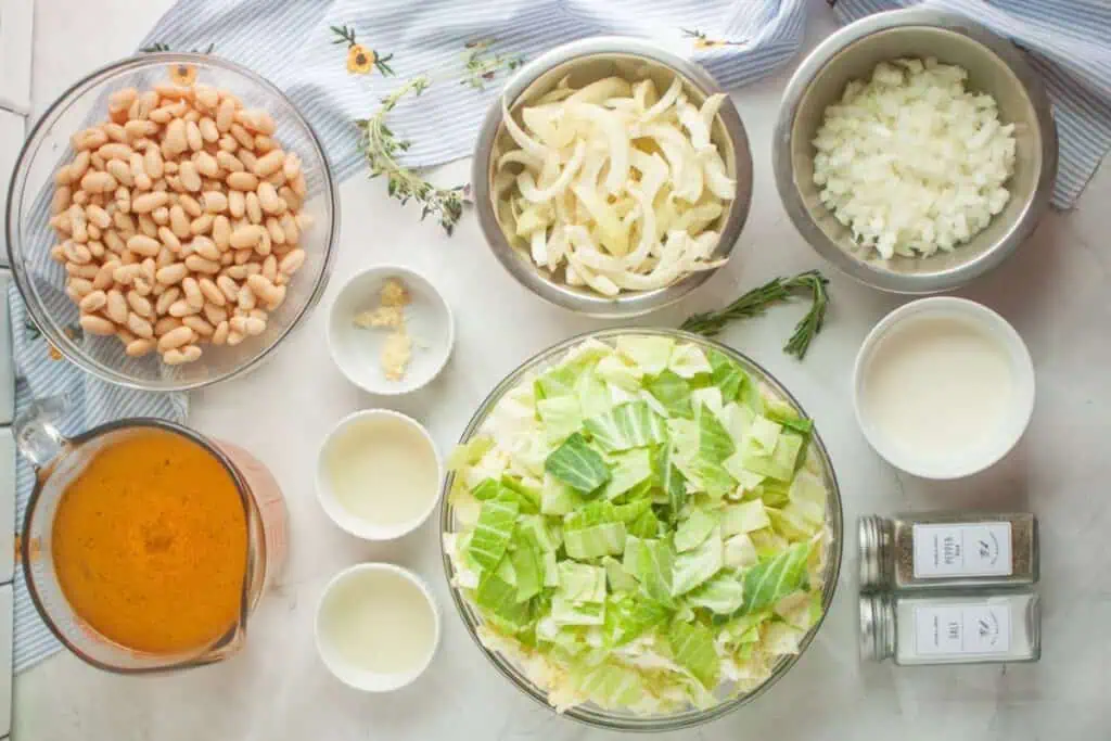 Ingredients for Cabbage and Bean Soup recipe arranged on a table: white beans, sliced onion, diced onion, chopped cabbage, broth, cream, minced garlic, oil, and seasonings.