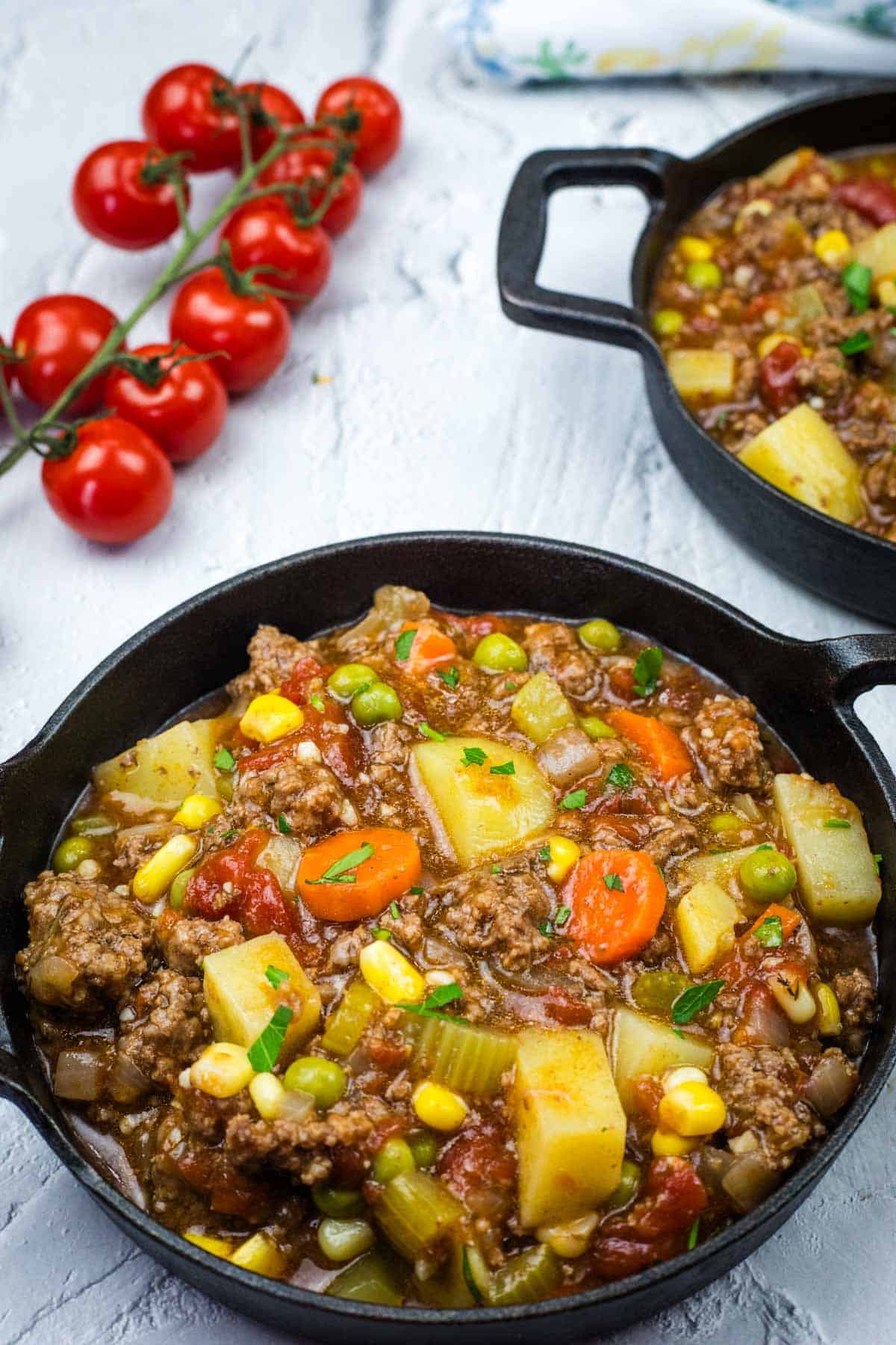 Homestyle hamburger stew with ground beef, tender vegetables, and a rich, hearty broth.
