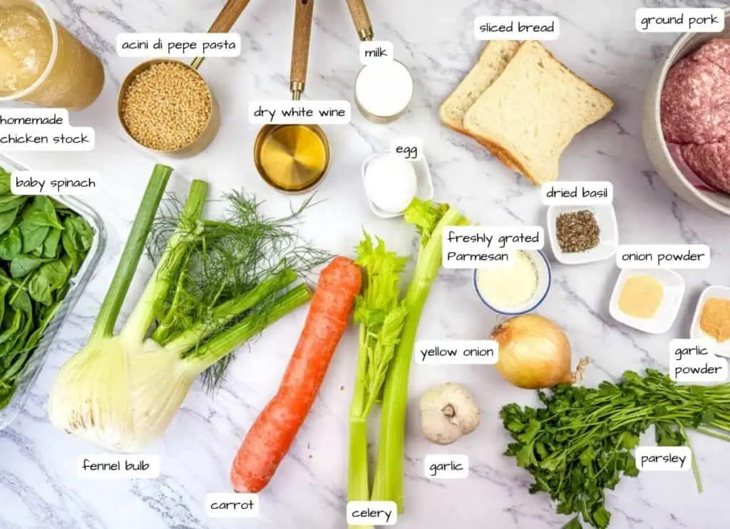 Italian Wedding Soup ingredients labeled.