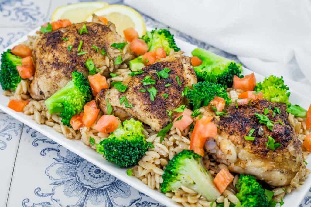 A plate of Lemon Chicken Orzo Skillet.