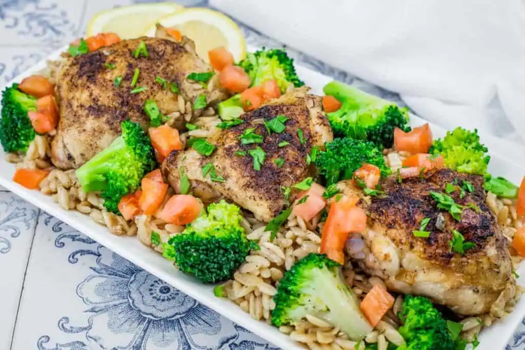 A plate of Lemon Chicken Orzo Skillet.