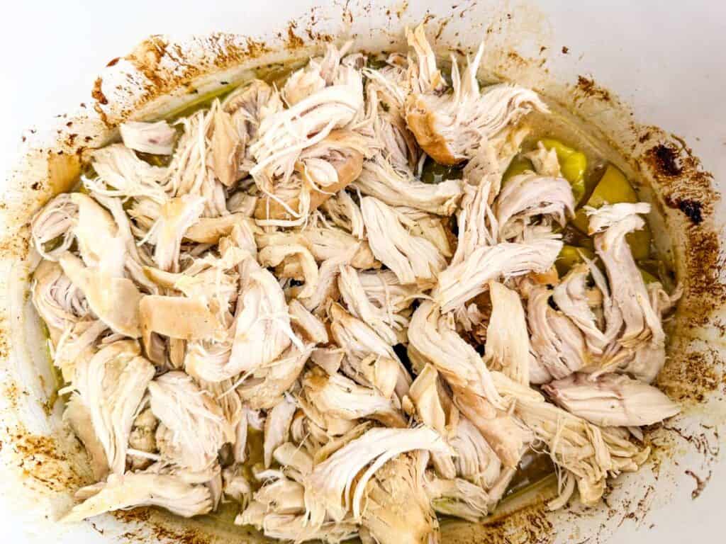 Shredded cooked chicken in a dish with light broth and seasonings.